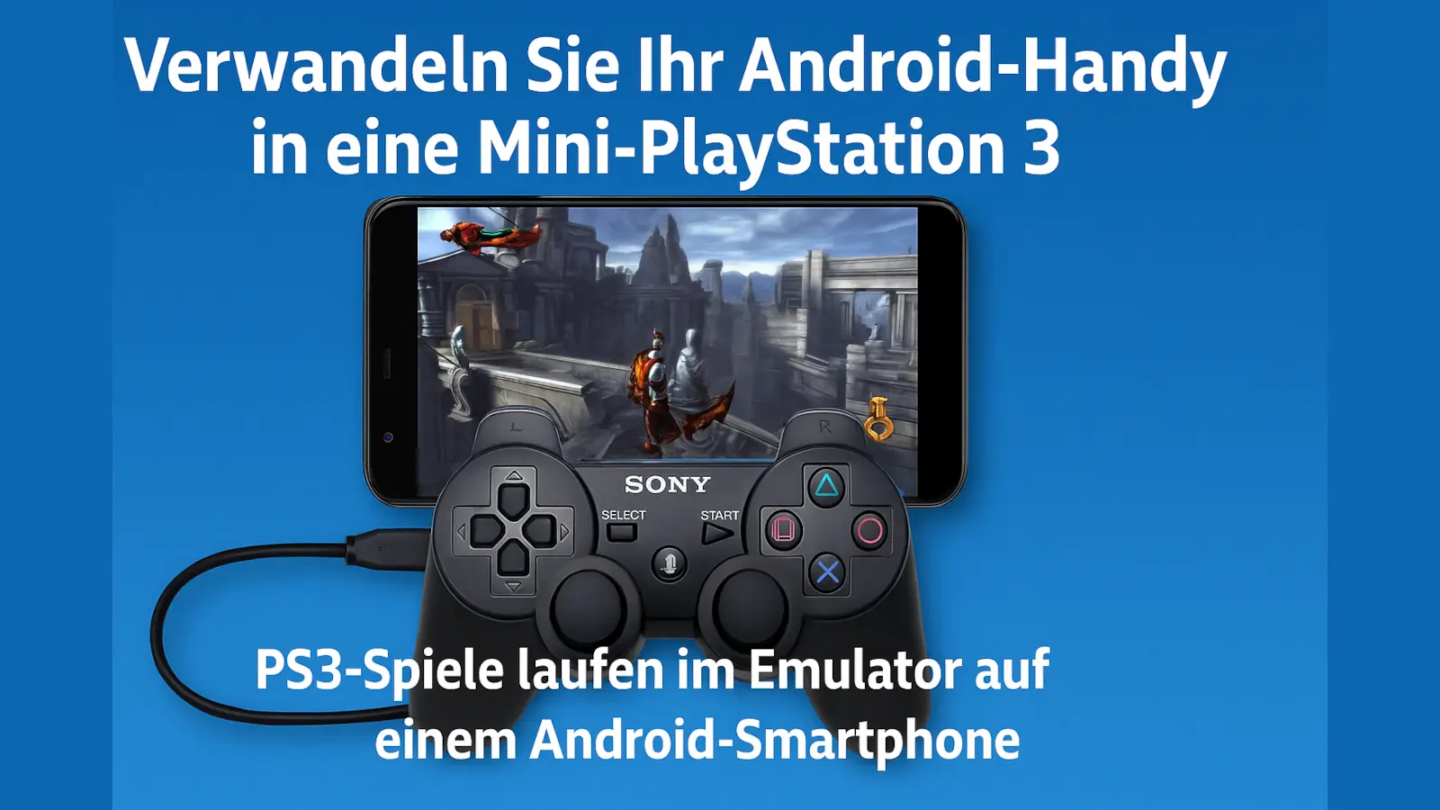 Ein Android-Handy mit angeschlossenem PS3-Controller, das ein PS3-Spiel über einen Emulator ausführt – Retro-Gaming 2025