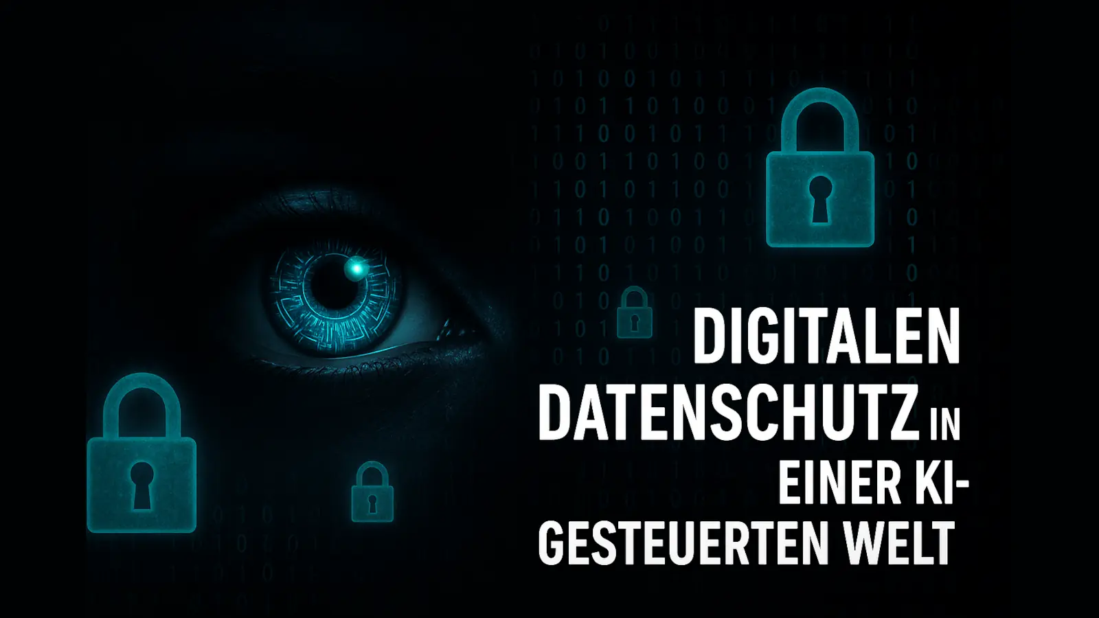 Digitale Illustration zum Thema Datenschutz in einer KI-gesteuerten Welt mit Auge und Schloss-Symbolen