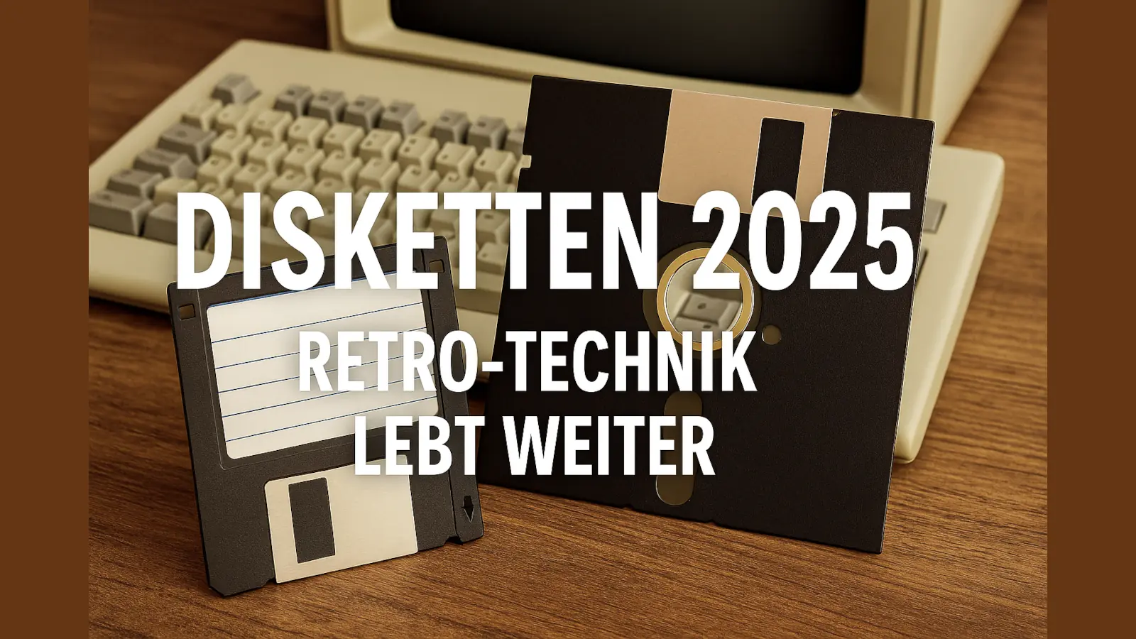 Zwei Disketten (3,5-Zoll und 5,25-Zoll) auf einem Holztisch neben einem Retro-PC mit Text „Disketten 2025 – Retro-Technik lebt weiter