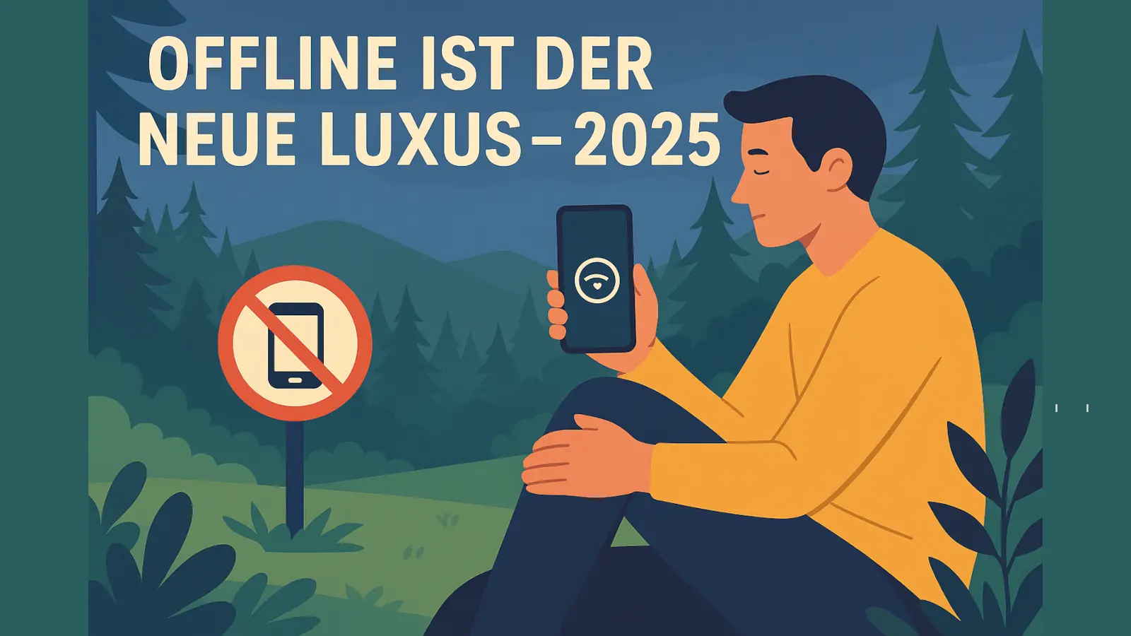 Ein Mann sitzt entspannt in der Natur mit ausgeschaltetem Smartphone und einem „kein Handy“-Schild daneben – Symbol für digitalen Detox 2025