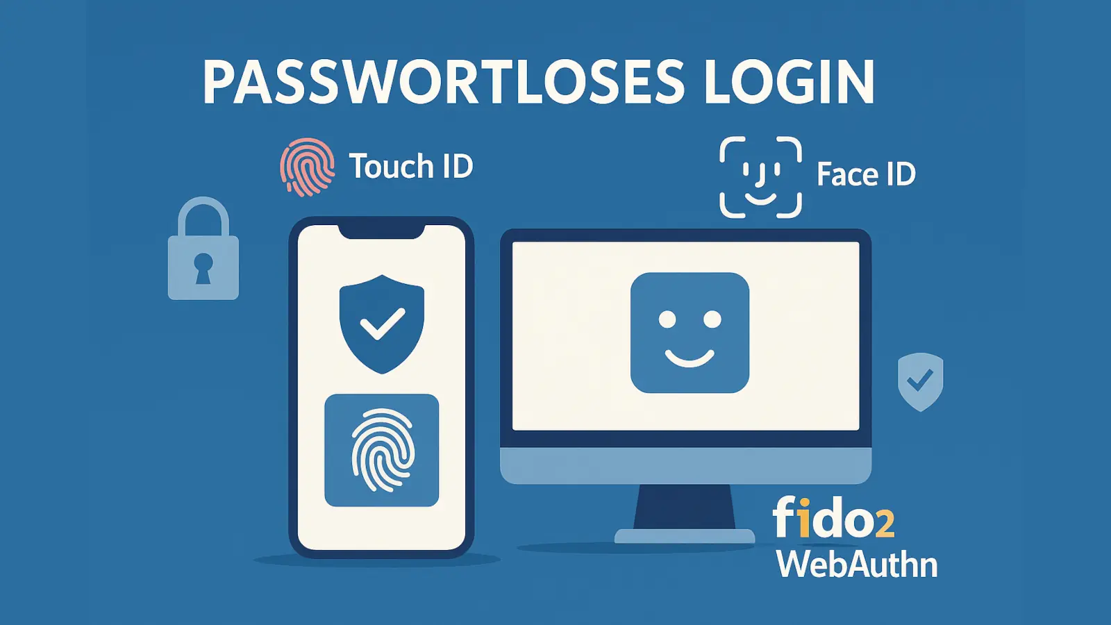 Illustration eines passwortlosen Logins mit Passkeys, Gesichtserkennung, Fingerabdruck und FIDO2-Logo – 2025