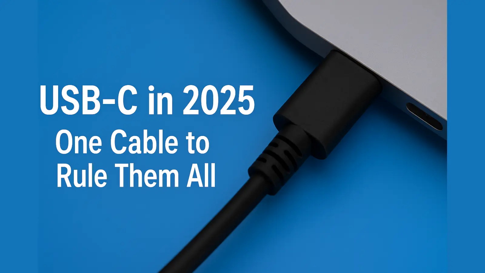 USB-C-Stecker vor blauem Hintergrund mit dem Text "USB-C 2025 – Ein Anschluss für alle Geräte