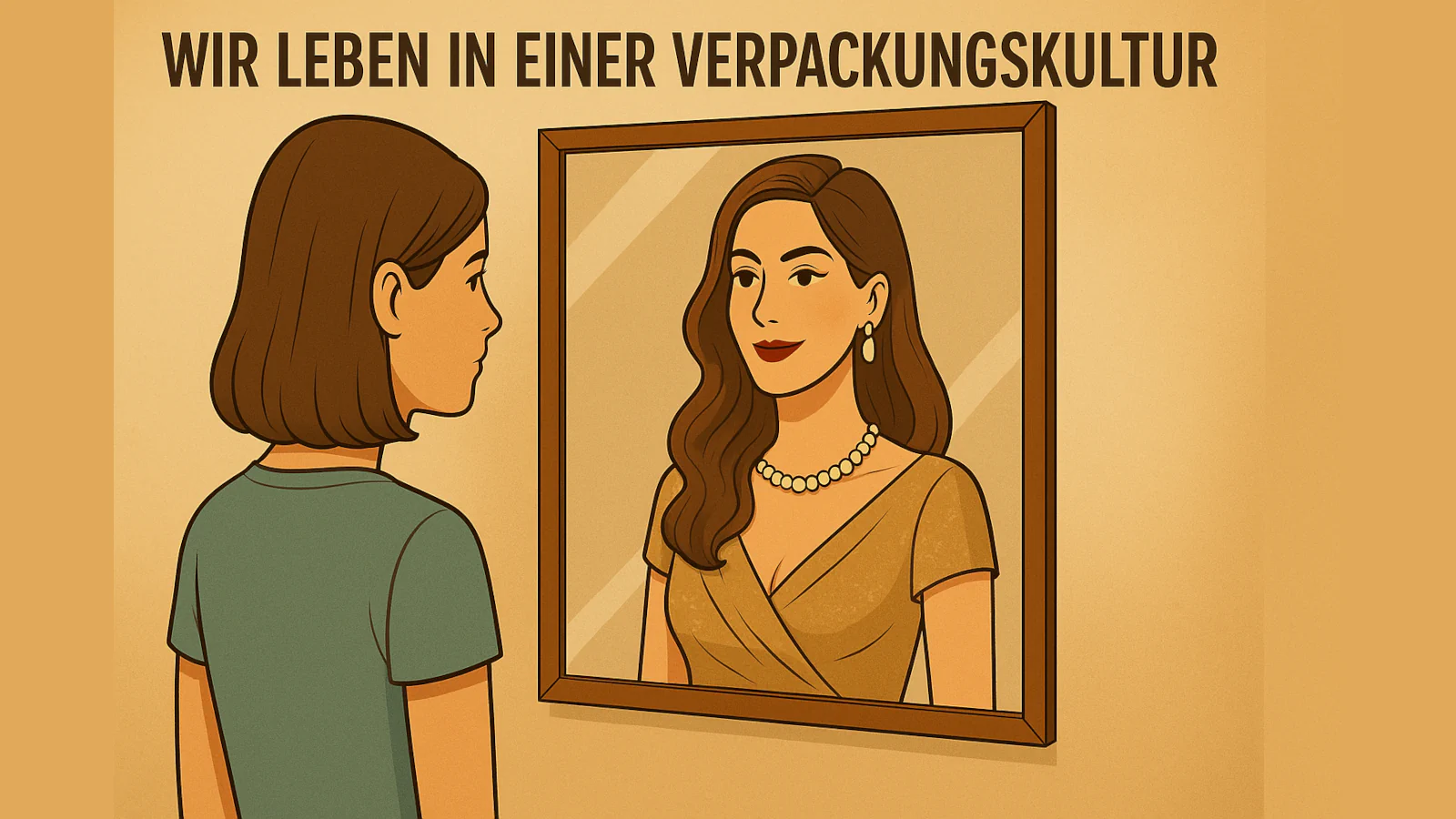 Junge Frau steht vor einem Spiegel und sieht eine glamouröse, idealisierte Version von sich selbst, mit dem Schriftzug „Wir leben in einer Verpackungskultur“ darüber – Illustration über soziale Medien und Selbstbild.