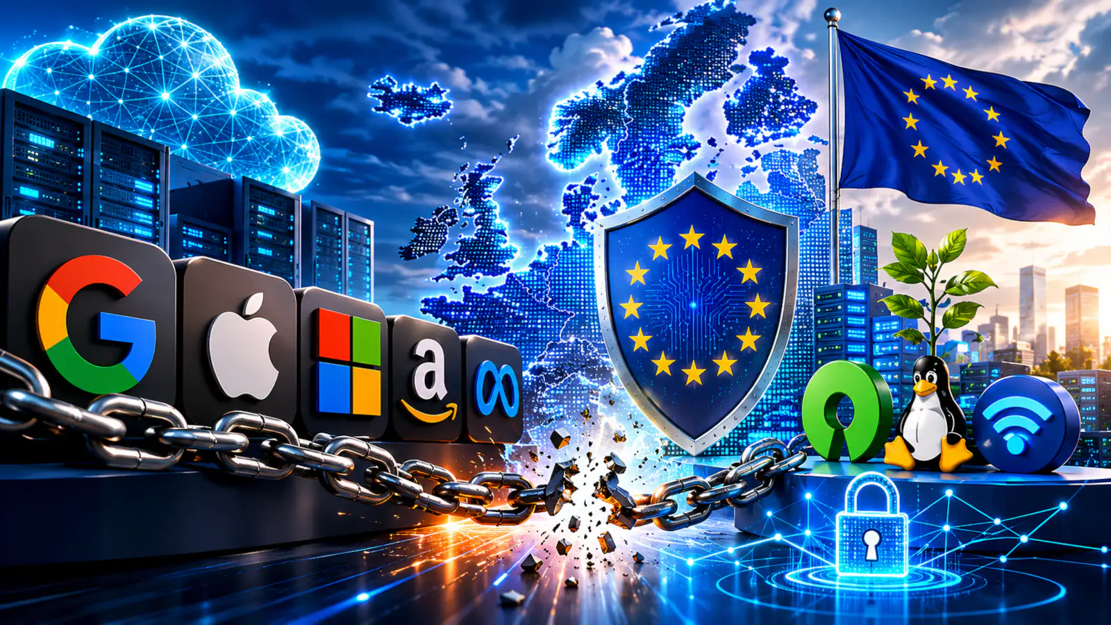 Europäische digitale Souveränität dargestellt durch eine Europakarte, Cloud-Infrastruktur, Datenschutz und geringere Abhängigkeit von Big-Tech-Unternehmen.