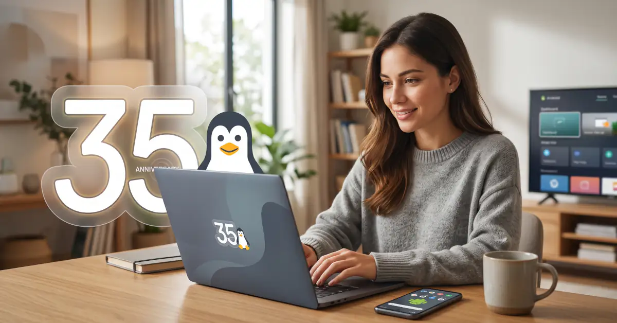 Eine freundliche junge Frau lächelt, während sie auf einem Laptop tippt; eine stilisierte '35' mit einem Linux-Pinguin daneben ist eingeblendet, in einer gemütlichen häuslichen Umgebung.