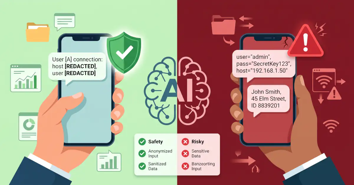 Geteilter Bildschirm mit sicheren, anonymisierten KI-Prompts links und riskanten Datenlecks mit sensiblen Daten rechts.