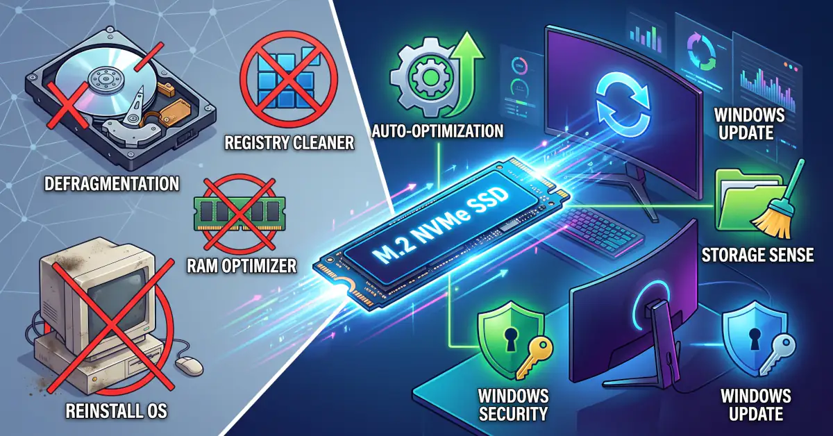 Infografik, die veraltete PC-Wartungsmythen wie Defragmentierung und Registry-Cleaner mit moderner SSD-Optimierung und Windows-Sicherheit vergleicht.